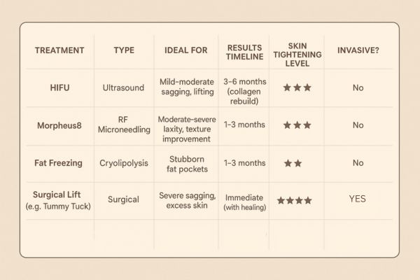 Table showing the comparisons of Skin tightening Ilkeston treatment options.